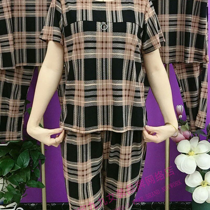 圆领格子冰丝休闲套装中老年女装夏季透气薄款短袖T恤裤子两件套