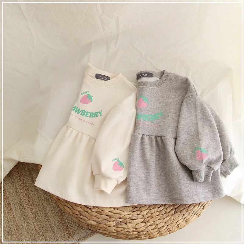女童厚T恤韩版春装新款女宝宝草莓裙摆长袖春季裙子上衣中小童衣
