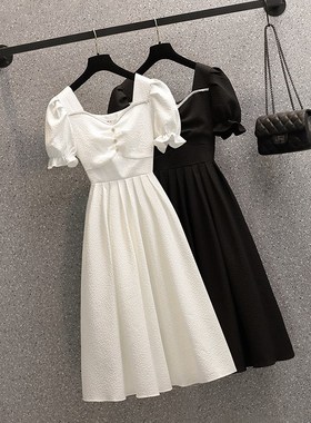 2025夏季新款胖妹妹显瘦遮肚收腰A字气质法式方领连衣裙6849