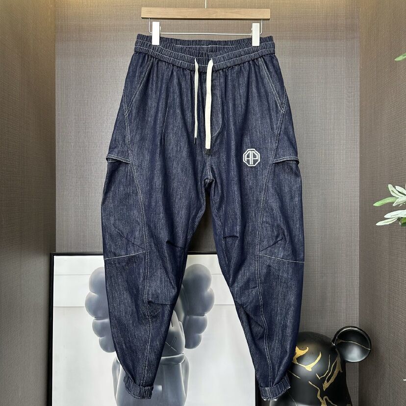 秋季男士新款潮流普洗字母刺绣牛仔裤时尚百搭宽松弹力束脚哈伦裤