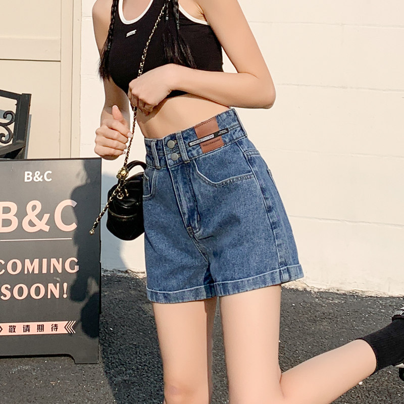 复古蓝高腰阔腿牛仔短裤女夏季2025新款宽松显瘦a字卷边辣妹热裤