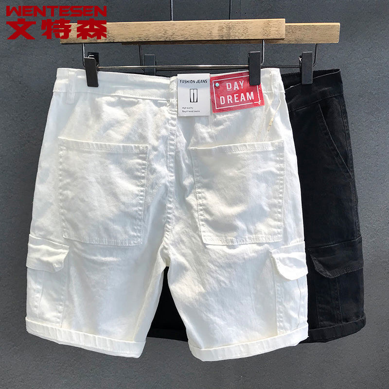 夏季薄款牛仔裤男款潮牌多口袋五分裤子男宽松白色五分裤工装短裤