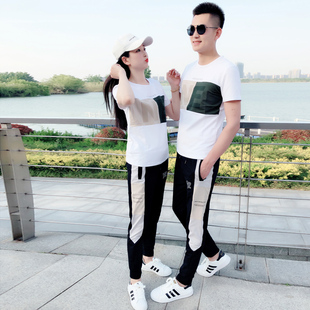情侣夏季新款短袖t恤长裤休闲一套衣服潮牌男女帅气半袖T运动套装