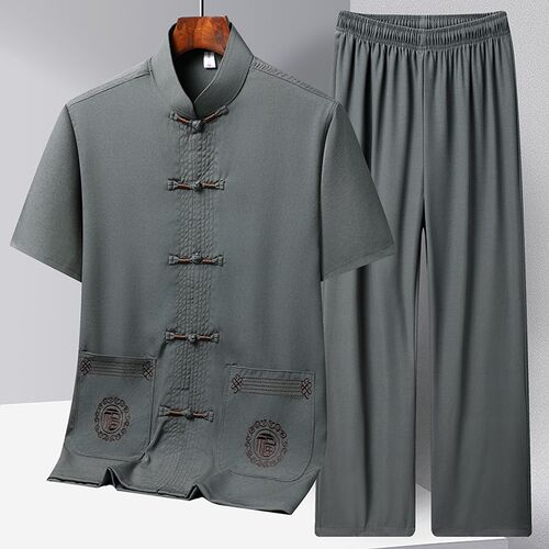 唐装男冰丝短袖套装夏季中老年爷爷汉服爸爸中国风男装老年人衣服