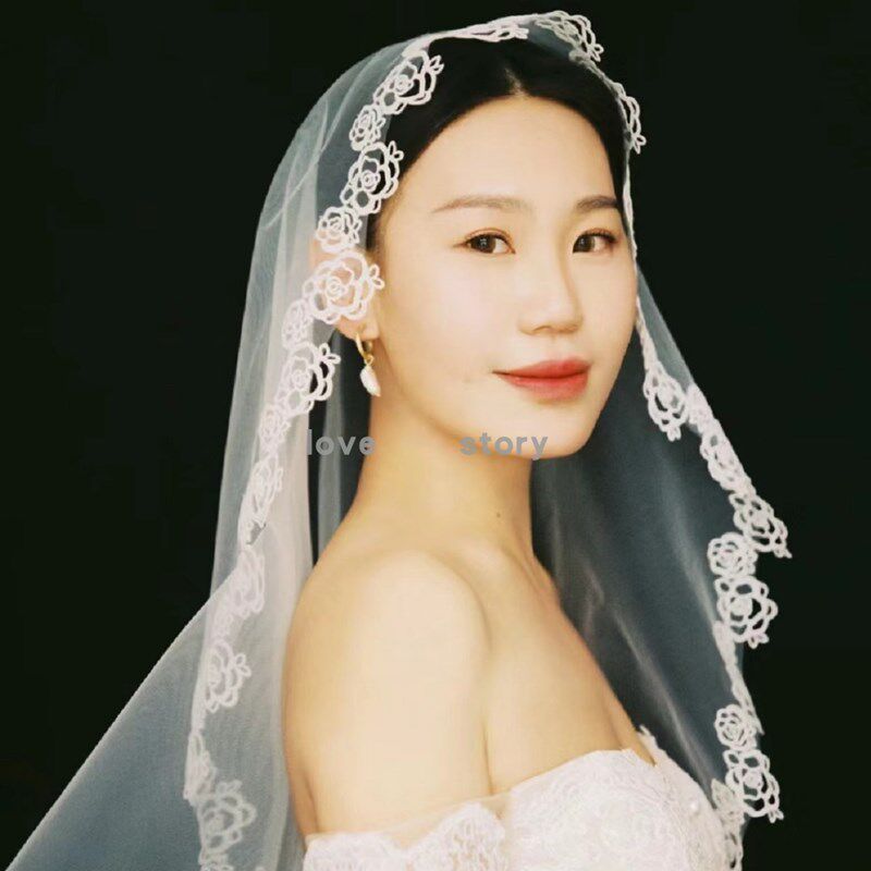 新娘头纱长版蕾丝小花边简约素纱结婚头纱头纱超仙森系韩式白色
