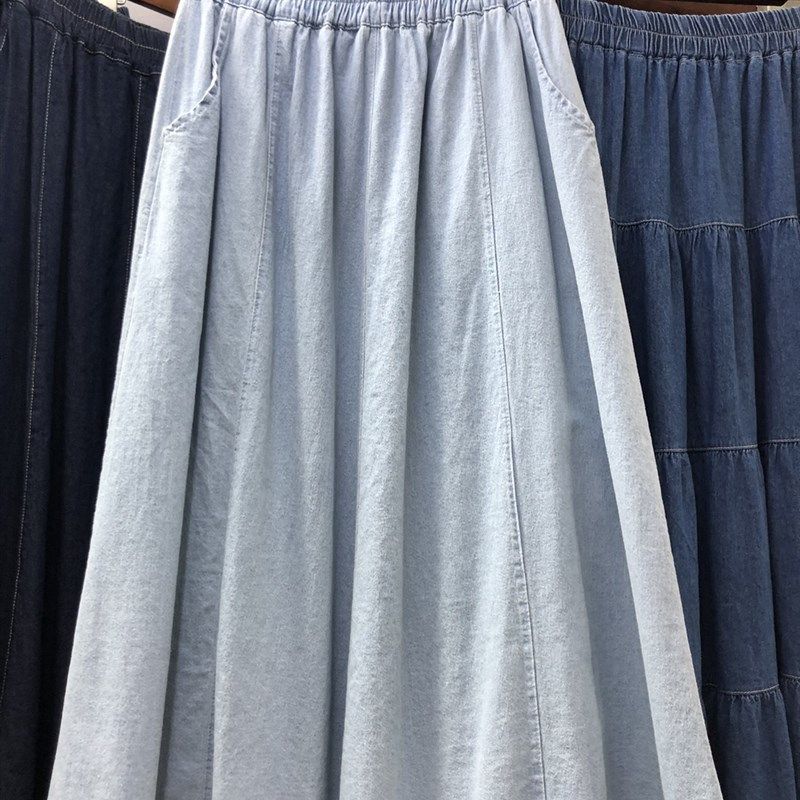 日系复古牛仔半身裙女春夏学生休闲松紧腰大码中长款大摆a字伞裙
