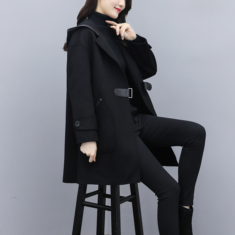 双面羊绒大衣女2021秋冬季新款宽松显瘦大码女装连帽黑色毛呢外套