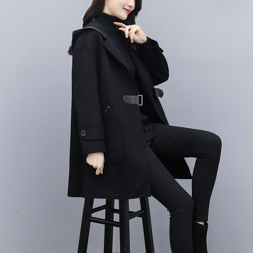双面羊绒大衣女2021秋冬季新款宽松显瘦大码女装连帽黑色毛呢外套
