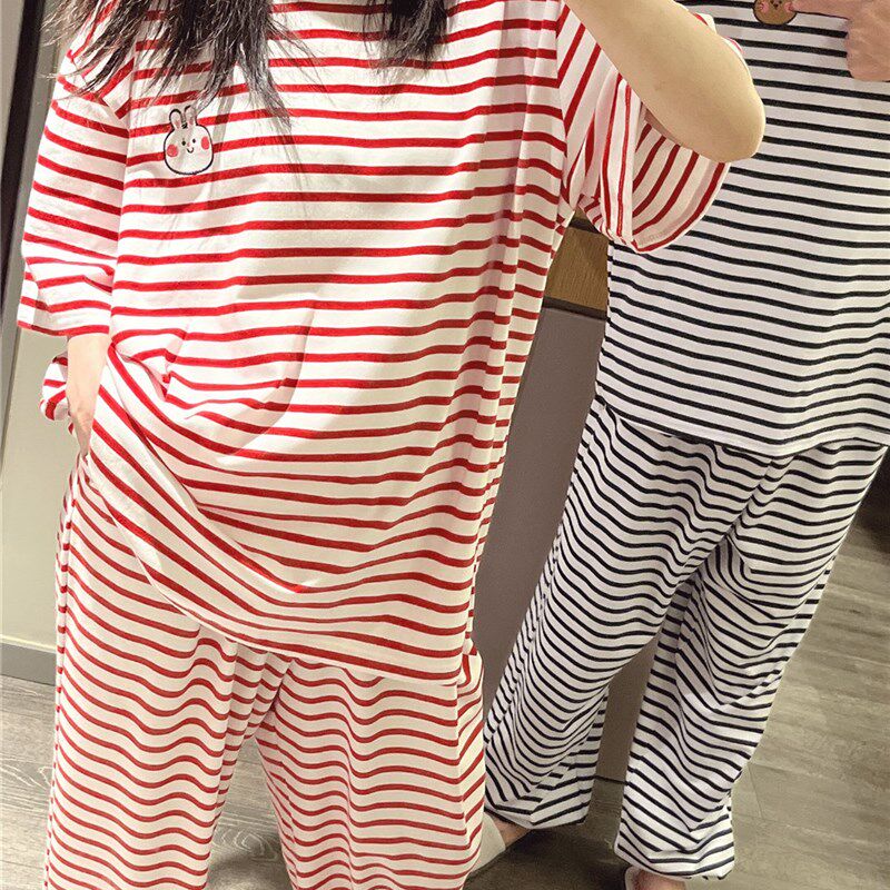 短袖睡衣女夏薄款纯棉条纹小兔猫咪家居服大L码胖mm200斤长裤套装
