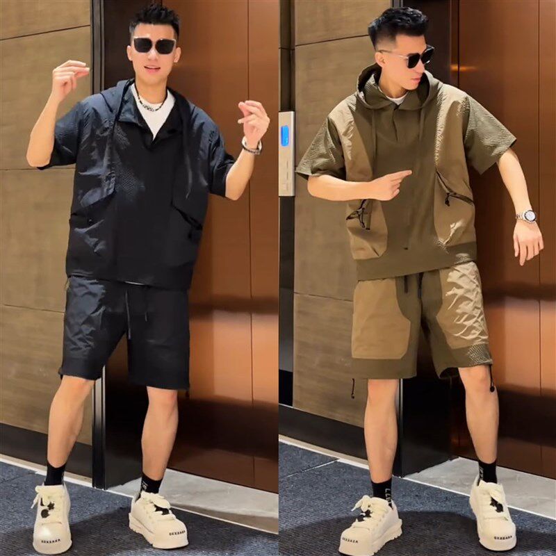夏季轻薄泡泡纱透气速干休闲运动套装男士潮牌工装短袖短裤两件套