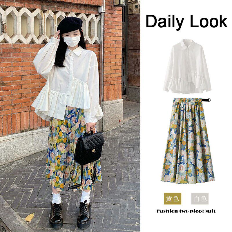 孕妇上衣春装新款时尚法式不规则白色衬衫复古碎花半身裙夏季套装