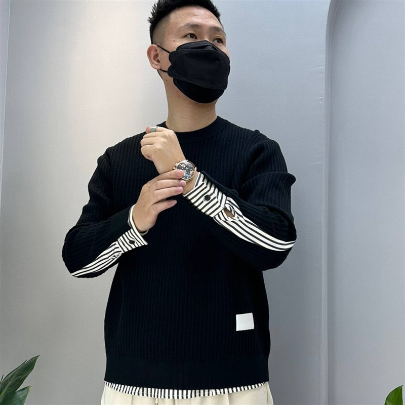 年终大卖圆领套头针织衫毛衣男秋冬季潮流假两件帅气休闲百搭线衣