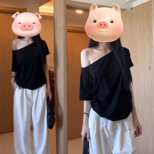 大码胖mm黑色斜领露肩短袖T恤女夏新款季韩系设计感宽松显瘦上衣
