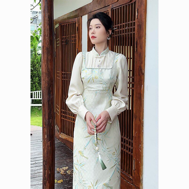 鹿与玫瑰新中式国风长袖连衣裙女气质收腰高级复古改良版旗袍裙子