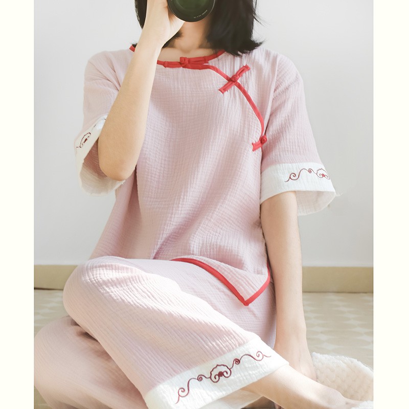 中国风女士纯棉睡衣套装七分袖春夏款全棉绉布古风汉W服家居服外