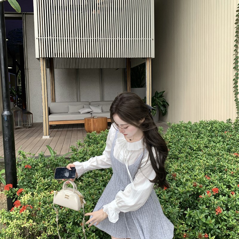 萌萌Ja 叠搭显瘦百搭麻花针织系带收腰背心连衣裙法式简约裙子
