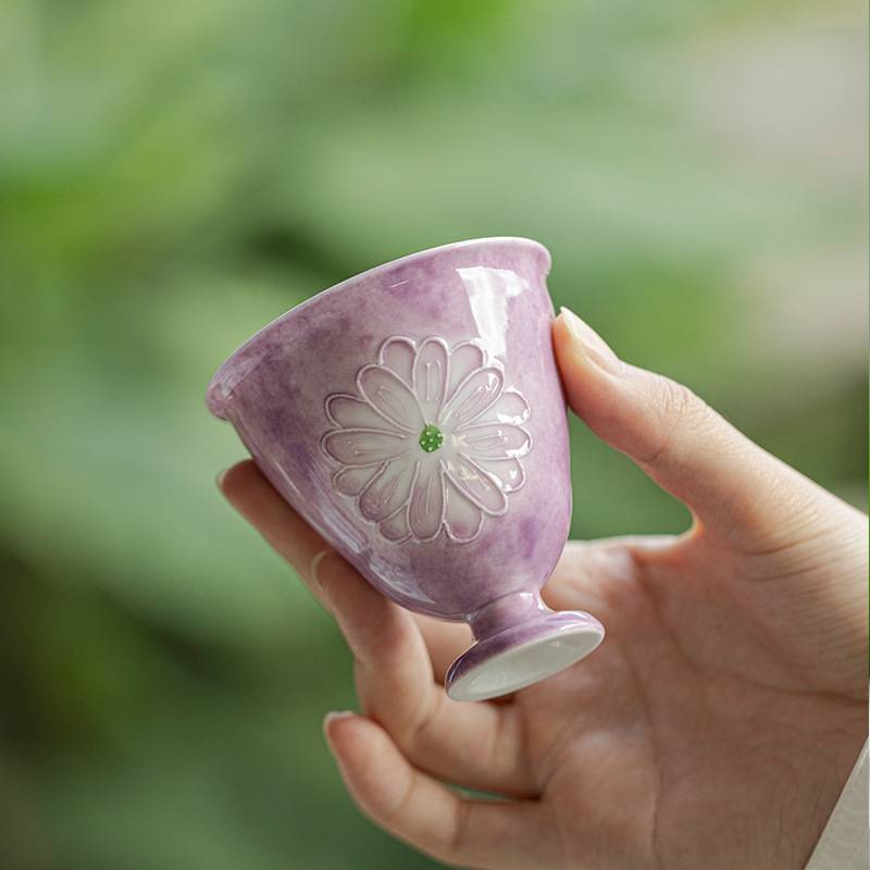 弥言豆蔻紫家用大号主人杯女士个人专用茶杯纯手工陶瓷薄胎花口杯