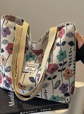 大容量国风帆布包包女新款2024通勤托特包女大学生上课单肩手提包