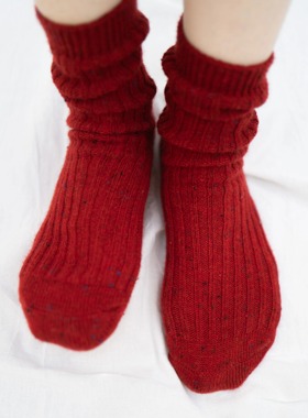 BigSocks复古红彩点中筒袜羊毛保暖袜圣诞新年堆堆袜秋冬女粗针袜