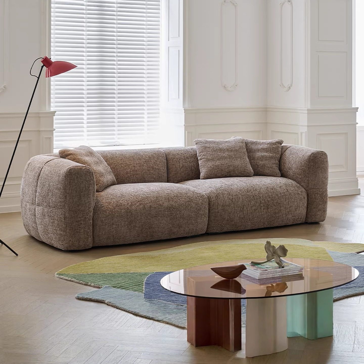 芭丝曼/大白沙发 法式复古奶油风客厅直排别墅棕色雪尼尔布艺沙发