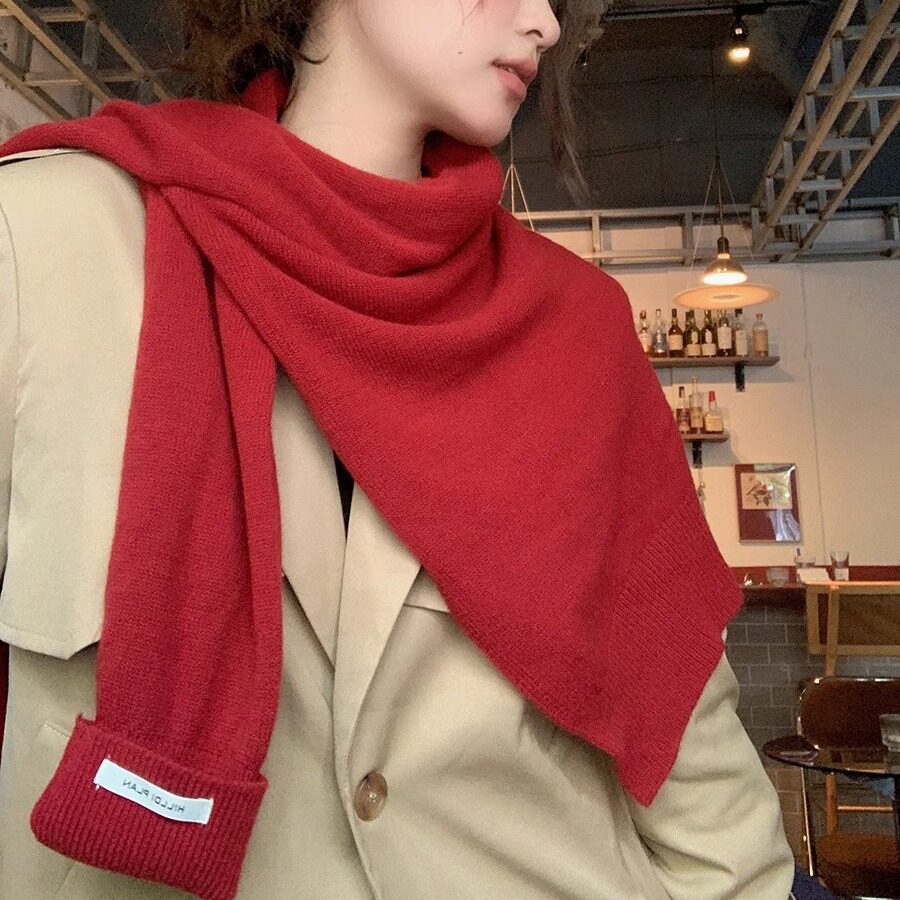 针织毛线披肩冬季女百搭情侣加厚围巾保暖防寒纯色加大红色围脖