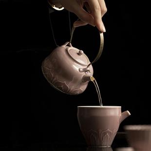 紫红汝釉仰莲瓣大提梁壶功夫茶具家用大容量茶壶茶馆泡茶壶 墨己
