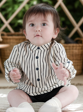 three sailors男宝长袖条纹中式立领衬衣春夏款纯棉帅气小童上衣