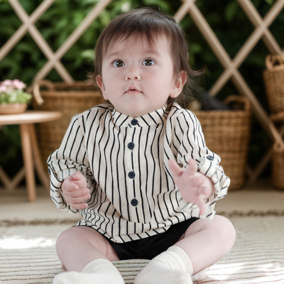 three sailors男宝长袖条纹中式立领衬衣春夏款纯棉帅气小童上衣