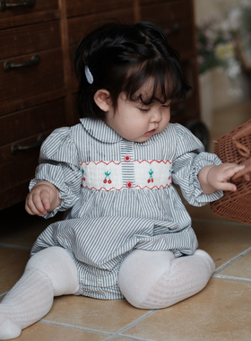 three sailors纯棉条纹姐妹装打揽连体0-3岁幼儿纯棉连衣裙秋装