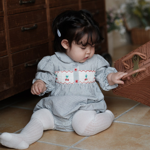 three sailors纯棉条纹姐妹装打揽连体0-3岁幼儿纯棉连衣裙秋装