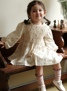 three sailors手工打揽烫金连衣裙女童A版秋季长袖纯棉公主连衣裙