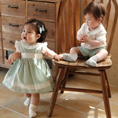 连衣裙夏季 three sailors英伦女童飞袖 棉麻英伦宝宝公主蕾丝裙子