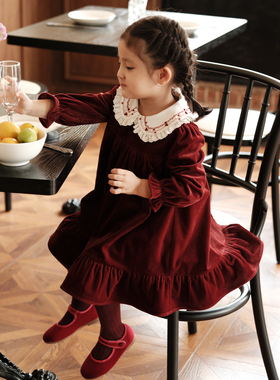 three sailors女童进口丝绒连衣裙手工打揽领加厚秋冬A版礼服裙子