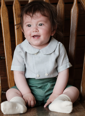 Three sailors英伦双排扣男童套装夏季复古姐弟装棉麻短裤两件套