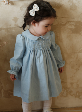 three sailors女宝娃娃领灯芯绒纯棉连衣裙手工打揽秋冬A版可爱裙