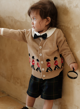 Three Sailors男童针织上衣0-5岁英伦士兵开衫纯棉长袖外出毛衣秋