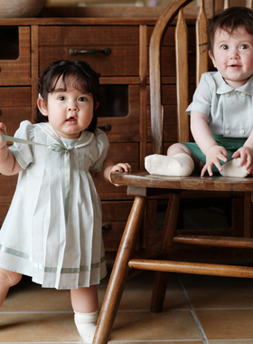 three sailors女童海军领条纹连衣裙0-6岁学院风英伦纯棉裙子夏季