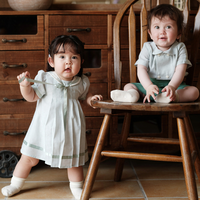 three sailors女童海军领条纹连衣裙0-6岁学院风英伦纯棉裙子夏季