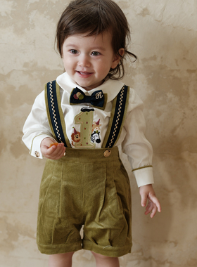 three sailors男童0-3周岁生日礼服帅气背带裤+衬衣纯棉两件套秋