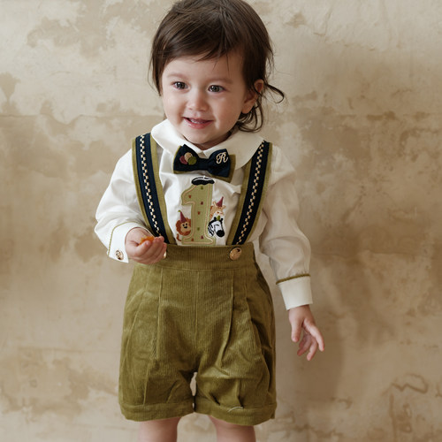 three sailors男童0-3周岁生日礼服帅气背带裤+衬衣纯棉两件套秋