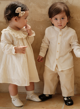 three sailors男童纯棉立领绣花衬衣兄妹装秋季柔软长袖透气上衣