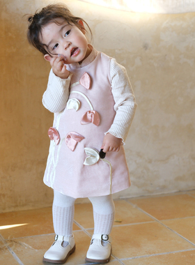 three sailors女宝进口丝绒旗袍立领裙子立体花朵新中式新年款冬