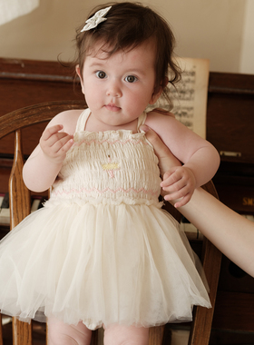 three sailors婴儿衣服薄款女宝宝夏吊带打揽纱裙公主刺绣连衣裙