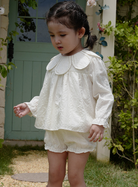 three sailors女宝宝花瓣圆领上衣纯棉刺绣可爱A版公主衬衫1-7岁