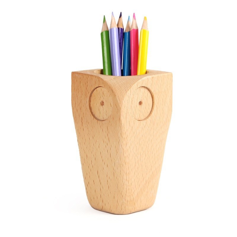 榉木猫头鹰创意木质笔筒现代简约原木办公室桌面文具收纳小摆件