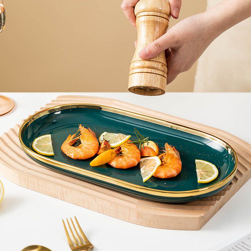 RI0T轻奢家用陶瓷鱼盘纯色个性菜盘大号深盘祖母绿金边水果盘餐具