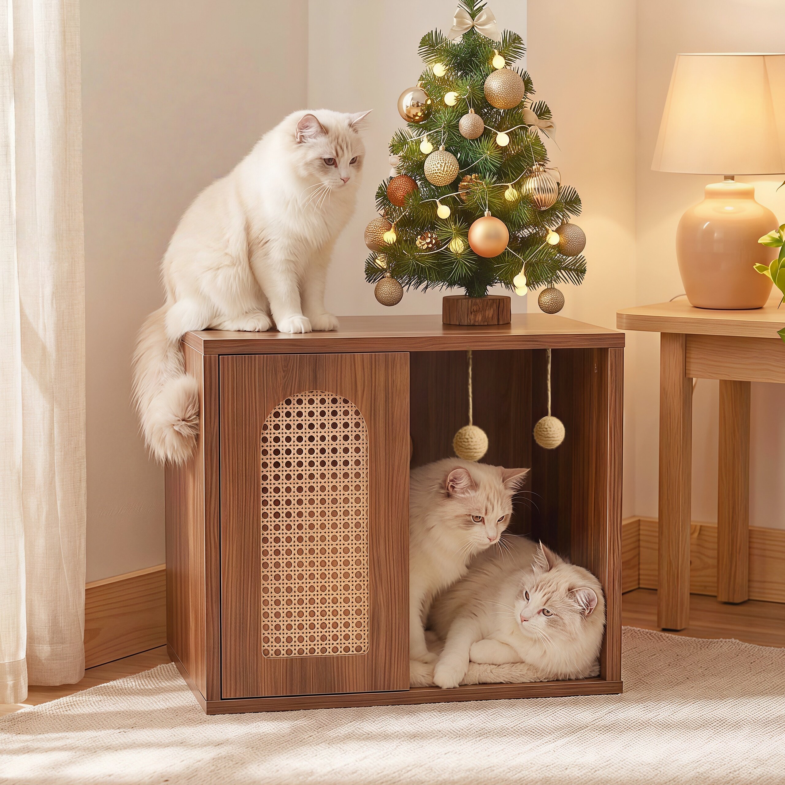 方正胡桃色实木宠物屋猫狗通用夏季猫窝小狗屋床头柜猫窝半封闭式