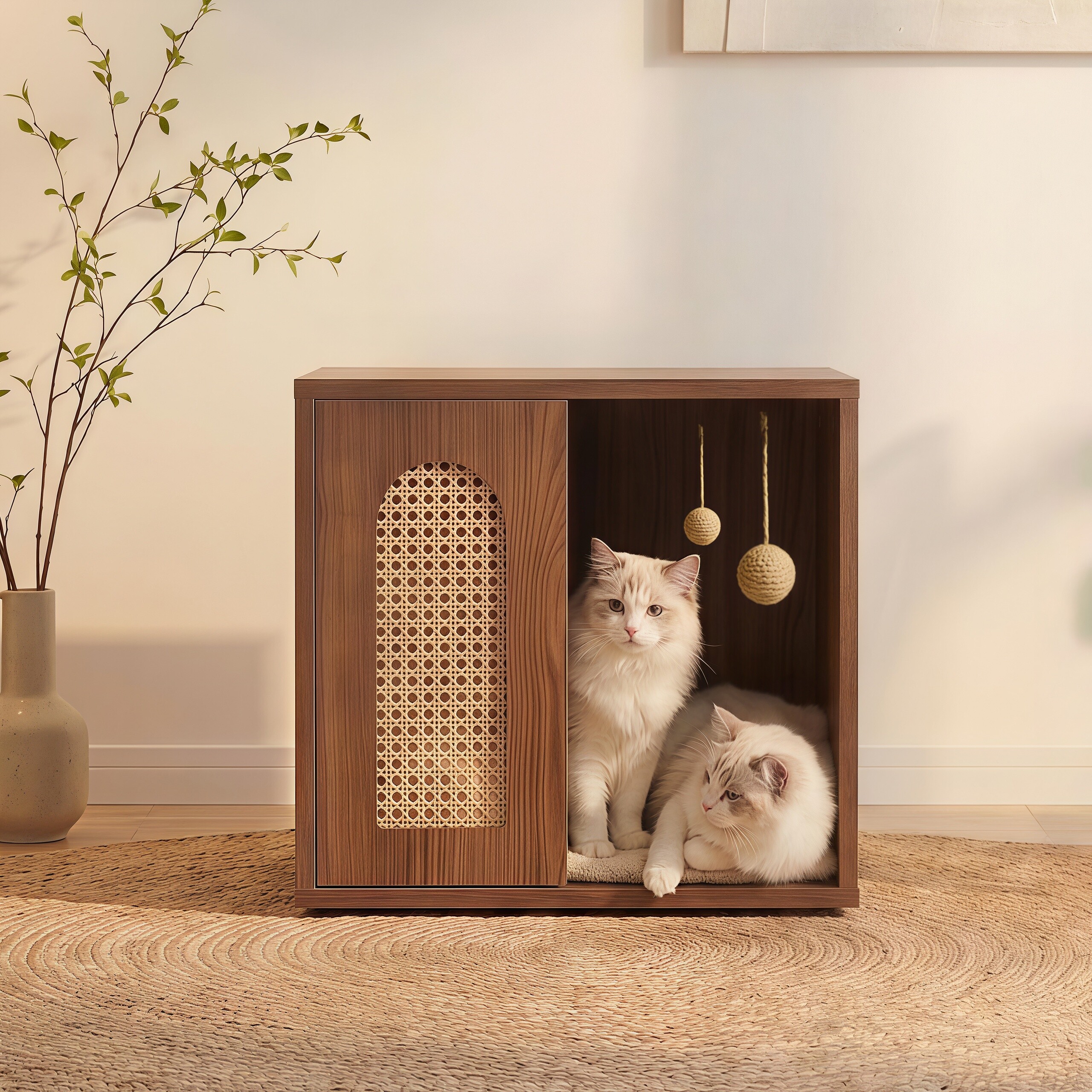 方正胡桃色实木宠物屋猫狗通用夏季猫窝小狗屋床头柜猫窝半封闭式
