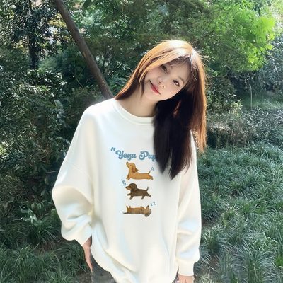 白色圆领卫衣女秋冬季加绒加厚美式宽松慵懒风2025新款巨好看上衣