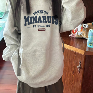 潮牌宽松连帽外套潮 加绒加厚美式 白灰色纯棉卫衣女2025新款 秋冬季